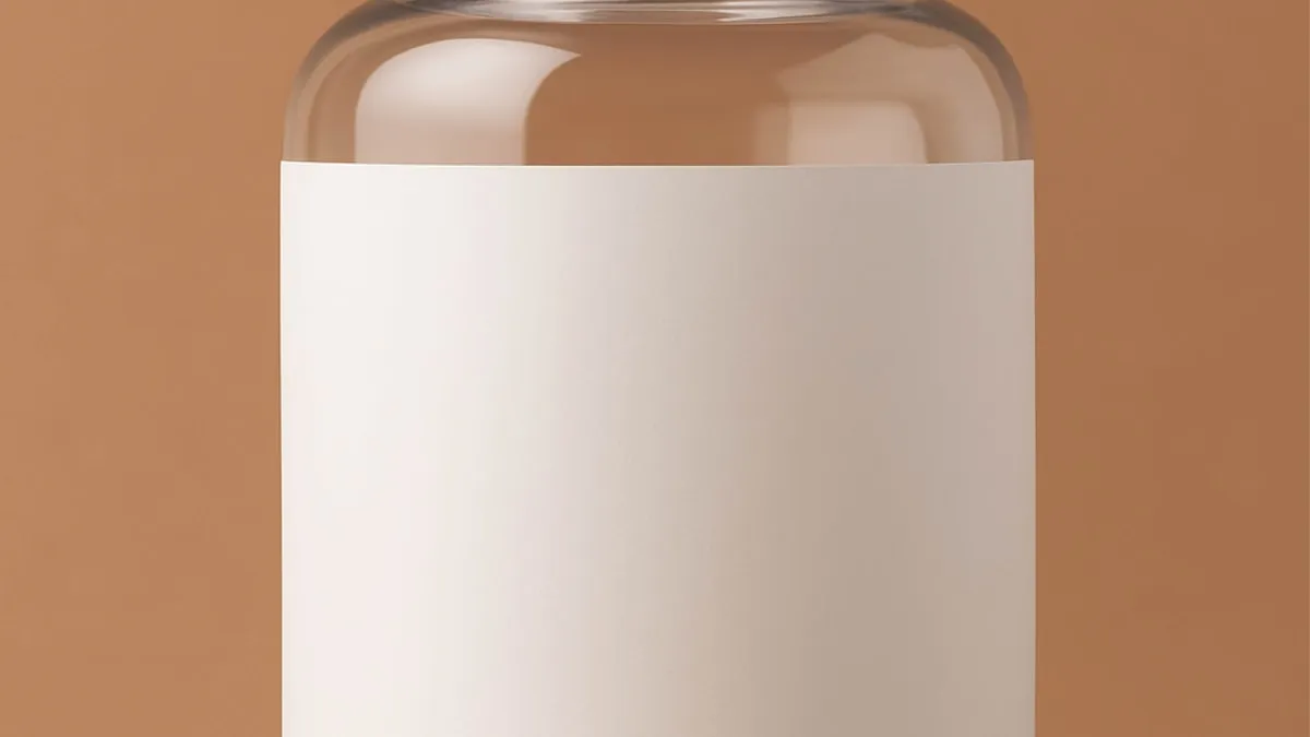 A clear supplement bottle with white capsules and a blank label.
